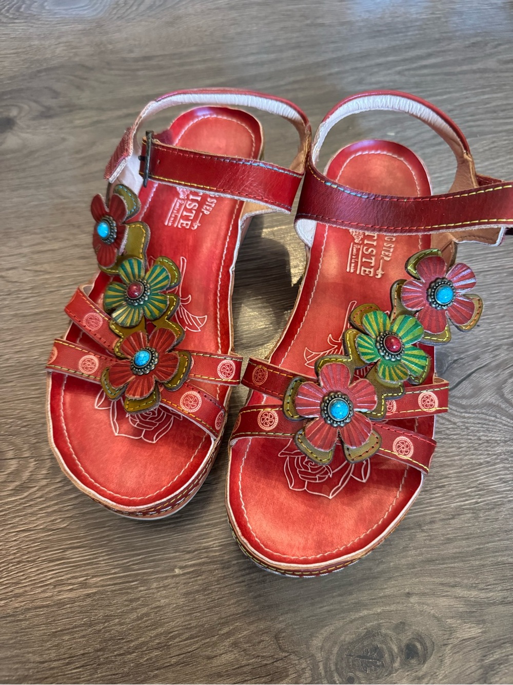 Spring Step Red Floral Leather Sandals with Multicolor Flower Accents